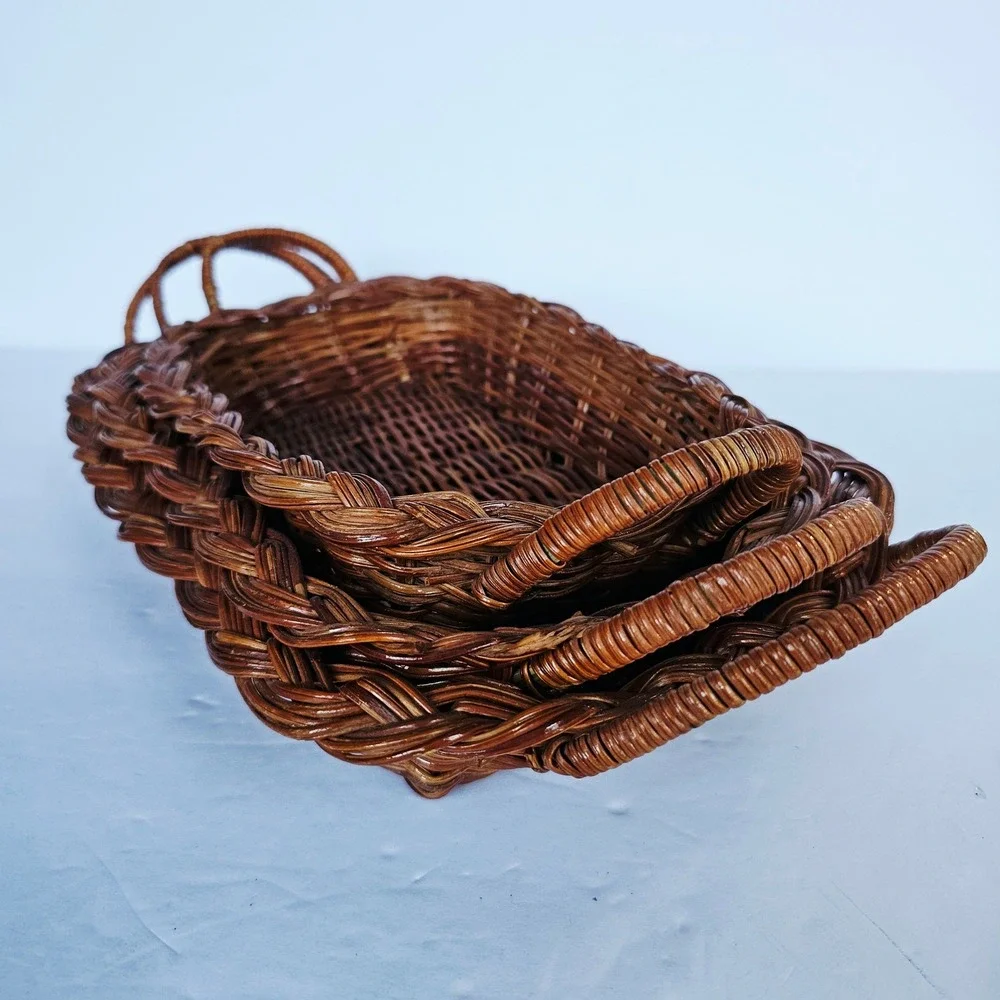 Vintage Nesting Wicker Baskets Set of 3 Braided Rim Rectangular Trays Boho Decor